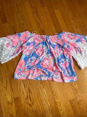 Lilly Pulitzer Pink & Blue Floral Off-Shoulder Top with White Lace Sleeves